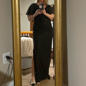 Black lace and sequin evening gown with illusion float collar - size 12